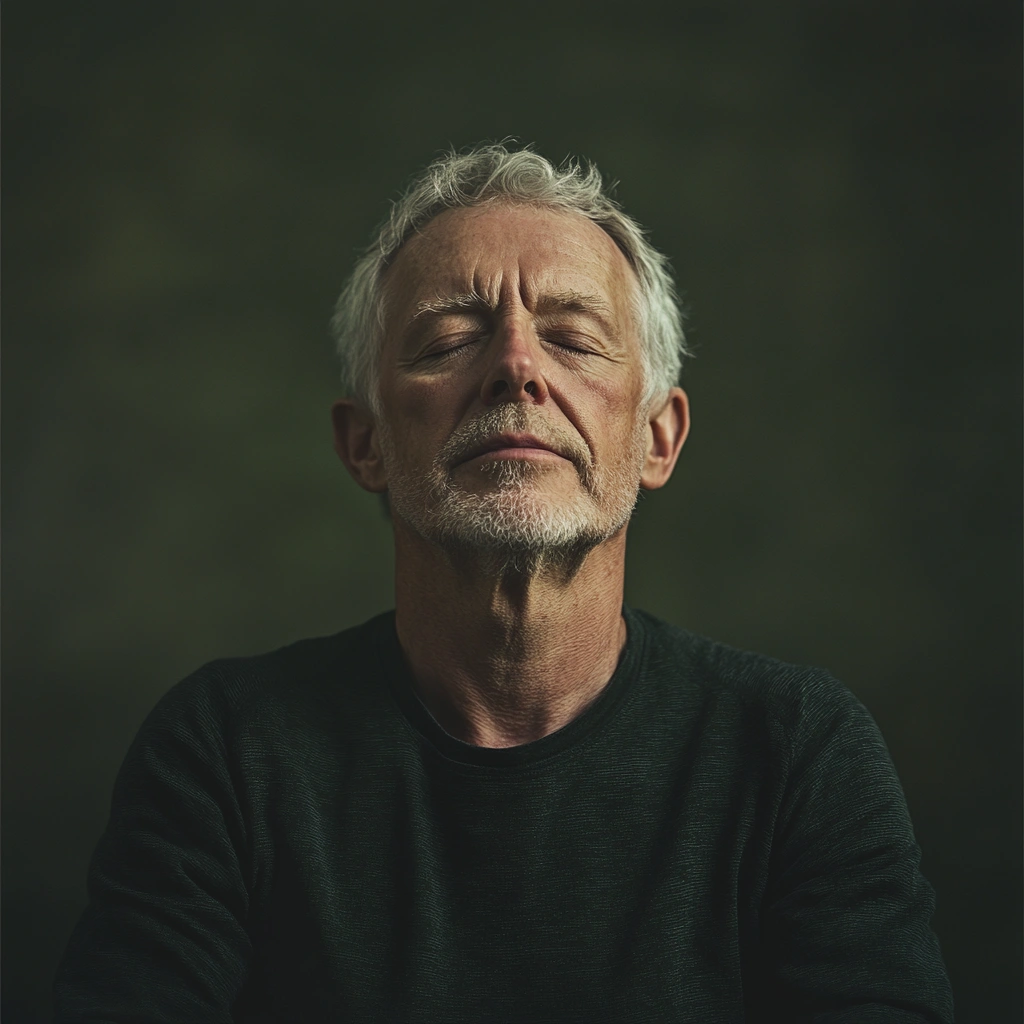 Літній чоловік практикує дихальні техніки в затишному просторі