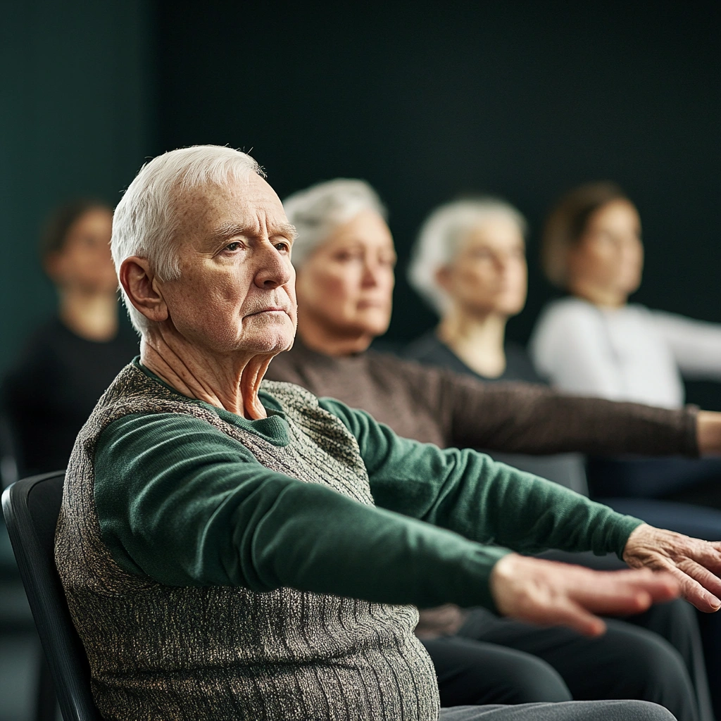 Група літніх людей практикує йогу на стільцях