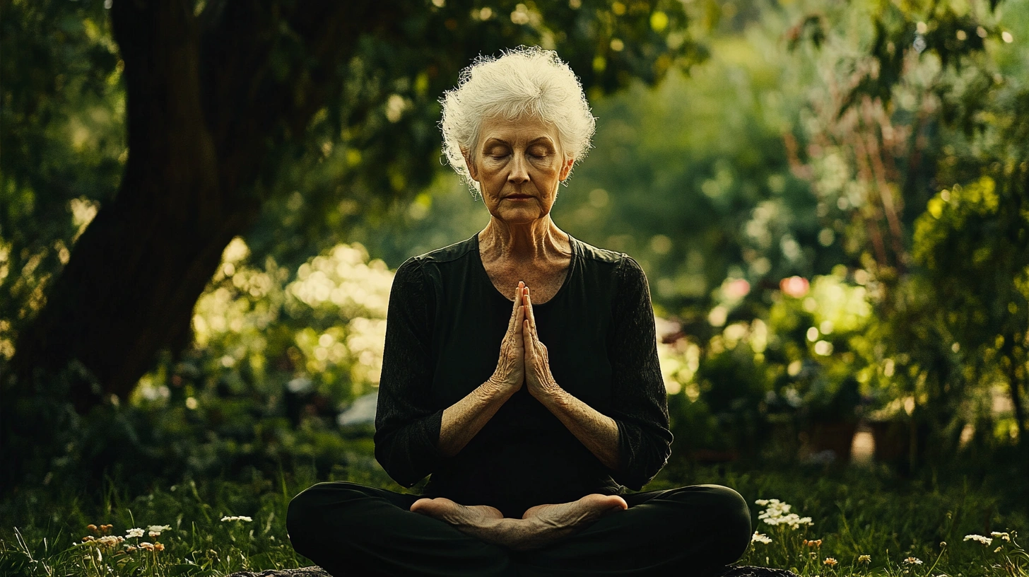 Літня жінка виконує м'яку асану з опорою на стілець