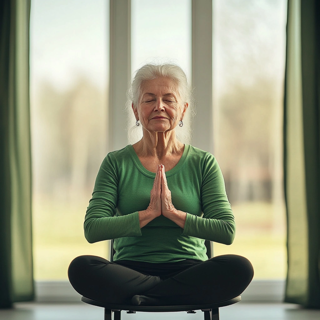 Літня жінка медитує в позі лотоса на фоні зелені