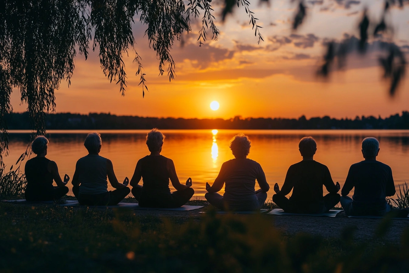Практика йоги на заході сонця біля озера
