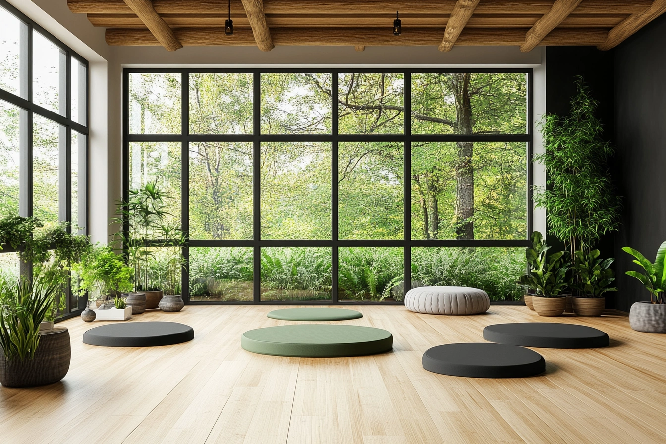 Простора зала для йоги з бамбуковою підлогою та м'яким освітленням