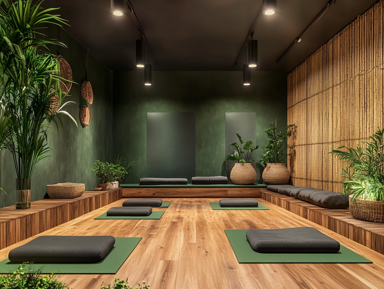 Затишний інтер'єр студії йоги з м'яким освітленням та зеленими рослинами
